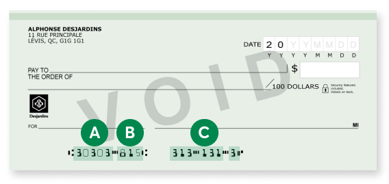 Example of a Desjardins void cheque. On the last line, 3 series of numbers show the account information followed by the check digit.