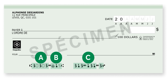 Exemple de spécimen de chèque Desjardins. Les informations habituelles comme l’adresse du détenteur ou de la détentrice du compte et des cases où indiquer la date et le montant payé y figurent. En bas du chèque, 3 séries de chiffres identifient la caisse et le compte.
