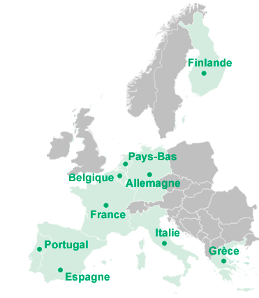 Finlande, Irlande, Royaume-Uni, Pays-Bas, Belgique, Allemagne, France, Italie, Grèce, Portugal, Espagne